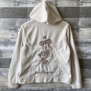DISNEY PARKS MINNIE MOUSE EMBROIDERED FULL ZIP FLEECE SWEATSHIRT CREAM WOMEN’S L